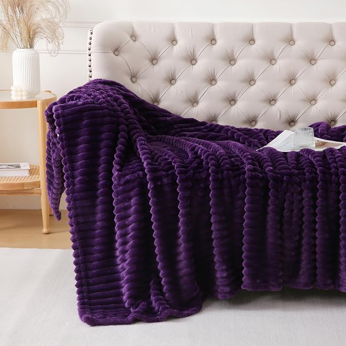 Deep Purple Throw Blanket for Couch Sofa 90x90 inches Striped Design | Fleece - Image 3