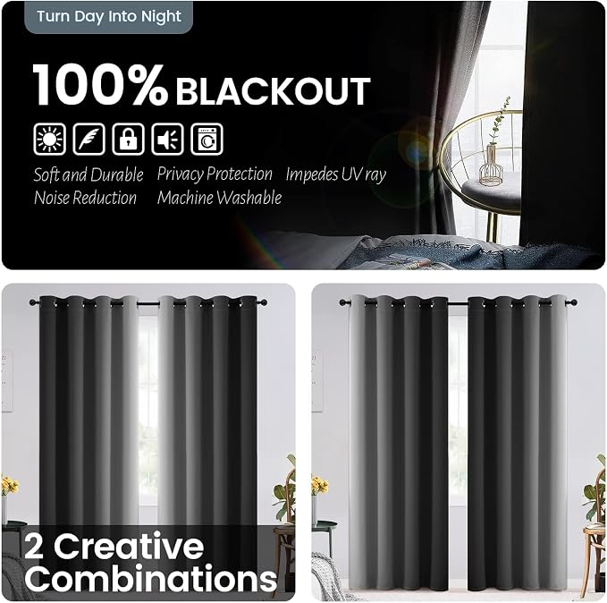 SimpleHome Black Ombre 100% Blackout Curtains - Image 2