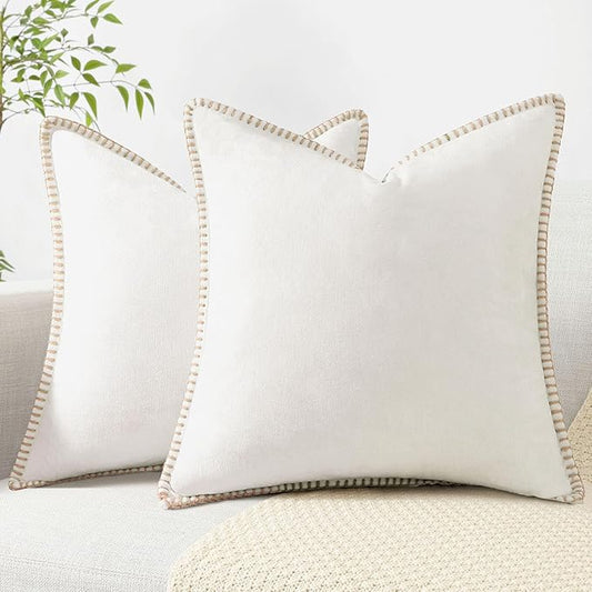 decorUhome Chenille Soft Throw Pillow Covers 26x26 Set of 2, Farmhouse Velvet Neutral Decorative Euro Pillow Covers with Stitched Edge for Couch Sofa Bed Home Decor, Cream White