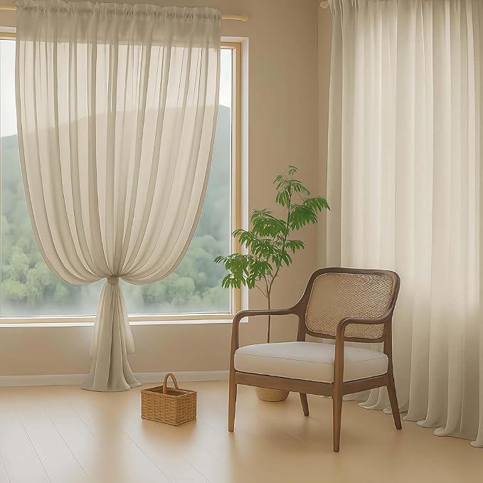 Taupe Sheer Curtains 63 Inch Length 2 Panels, Voile Sheer Curtain - Image 8