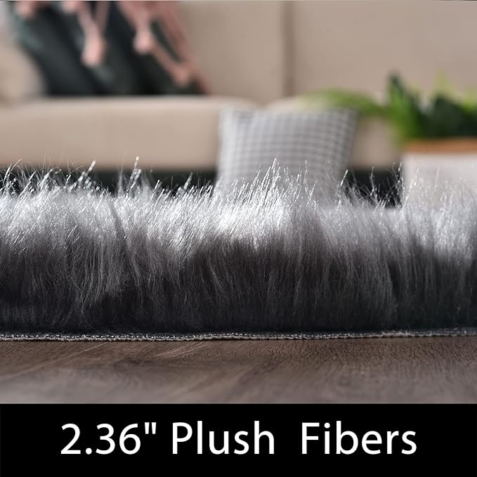 Latepis Rugs for Living Room 5x7 Dark Grey Washable Faux Fur Throw Rugs for - Image 2