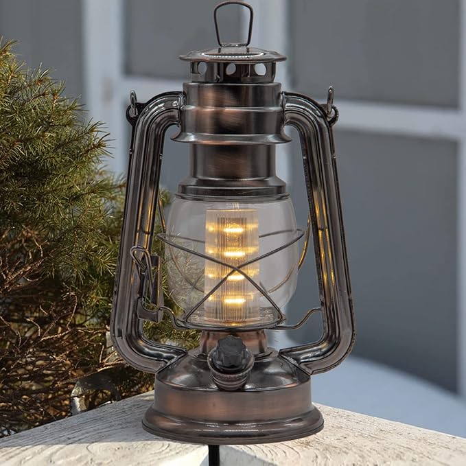 YAKii LED Vintage Lantern Metal Hanging Hurricane 12 LED Dimmer Switch Warm White Battery Operated Power Outage Indoor Camping Lighting Outdoor Brooklyn (Copper 2 Pack)