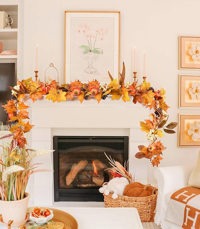 Lvydec Fall Maple Leaves Garland Decoration -6ft Artificial Fall Foliage Garland with White Pumpkins Pine Cone Autumn Decor for Halloween Thanksgiving Home Table Decor