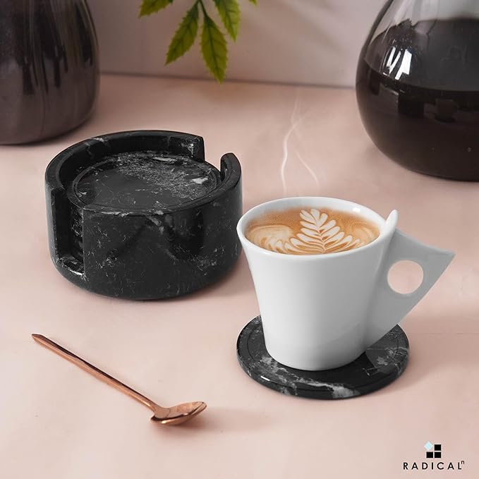 Marble Coasters Set of 6 Black 3.5 Inch Round Coaster for Drinks with Holder, Drink Coaster for Tabletop & Coffee Table Decor, Ideal Home Decor House Warming Gifts