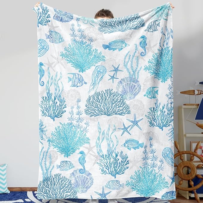 Blue Ocean Beach Throw Blanket Nautical Coastal Bed Blanket Starfish Seashell Coral Blankets Super Soft Flannel Fleece Throw Blanket for Couch Bed Decor “50 x60”