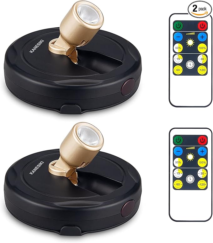 Spotlight Battery Operated, Wireless LED Puck Light, Dimmable Accent Spot Light for Plant Tree Indoor, Stick Uplighting for Display Photo Dartboard Painting Artwork Gallery Portrait, 2 Pack