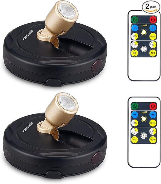 Spotlight Battery Operated, Wireless LED Puck Light, Dimmable Accent Spot Light for Plant Tree Indoor, Stick Uplighting for Display Photo Dartboard Painting Artwork Gallery Portrait, 2 Pack