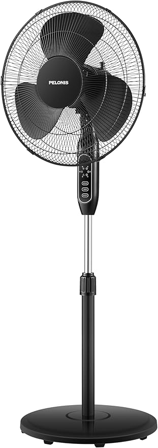 PELONIS 16'' Pedestal Fan for Bedoom, Remote, Standing Fan with 7-Hour Timer, 90° Oscillation, 3-Speeds, Adjustable Height, Electric Cooling Fans for Living Room and Office