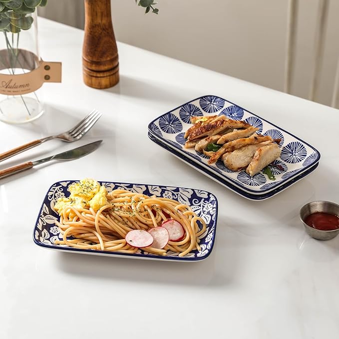 Selamica Ceramic Rectangular Salad Plates Set, Dinner Plate 9.4 Inch Dessert Plates for Party Entertaining, Small Serving Plates for Appetizers, Sushi, Fruit, Set of 4, Vintage Blue