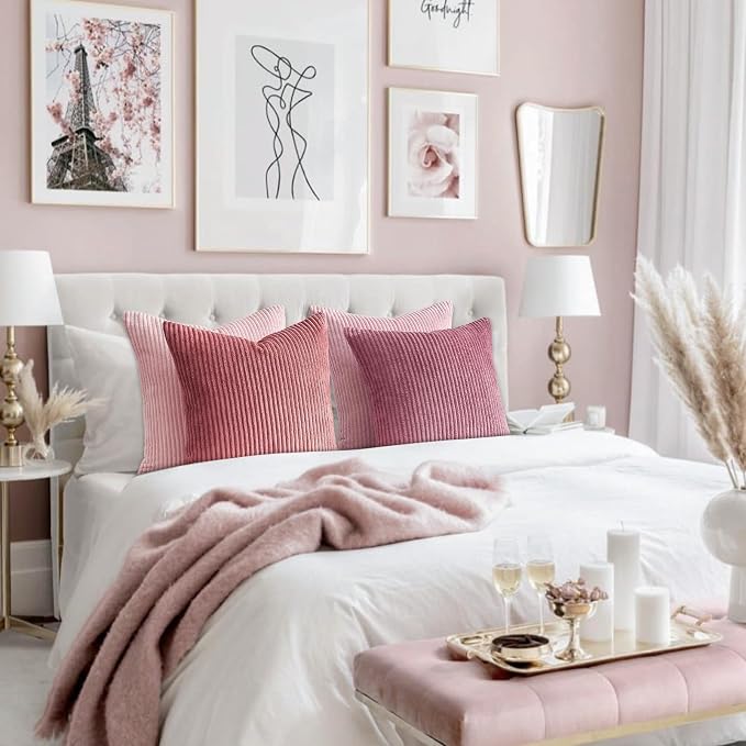 Topfinel Pink Throw Pillow Covers 12x12 Inch Set of 4, Soft Farmhouse Corduroy - Image 7