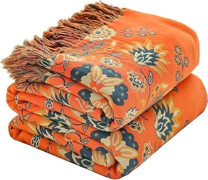 Throw Blanket for Couch Bed Chair,100% Cotton Soft Lightweight Blanket Rustic Quilt -Orange Floral Printed Farmhouse Decor Bed All Season Blankets,80"×90"