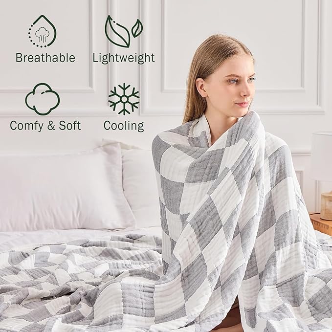 EMME Checkered Cotton Blanket Twin Large 60"x80" 100% Muslin for Couch Breathable Cooling Gauze All Season Soft and Lightweight Pre-Washed (Light Grey)