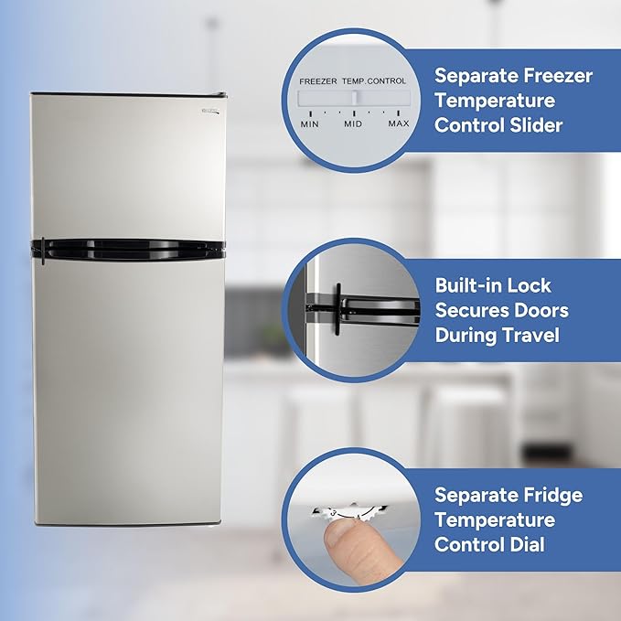 RecPro 10 Cu Ft 12V RV Refrigerator | Black Frost-Free Fridge with Freezer | Double Door, Adjustable Shelves, Reversible Door, Built-In Lock | 23.5”W x 26”D x 59”H | Off-Grid & Dry Camping Ready