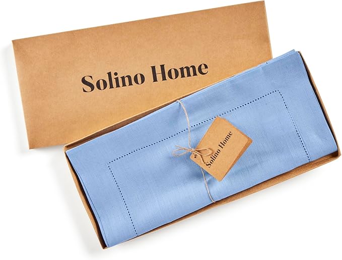 Solino Home Linen Cornflower Blue Hemstitch Table Runner 36 Inches - 100% Pure Linen Small Table Runner 14 x 36 Inch Ideal for Dresser and Coffee Tables - Classic Hemstitch