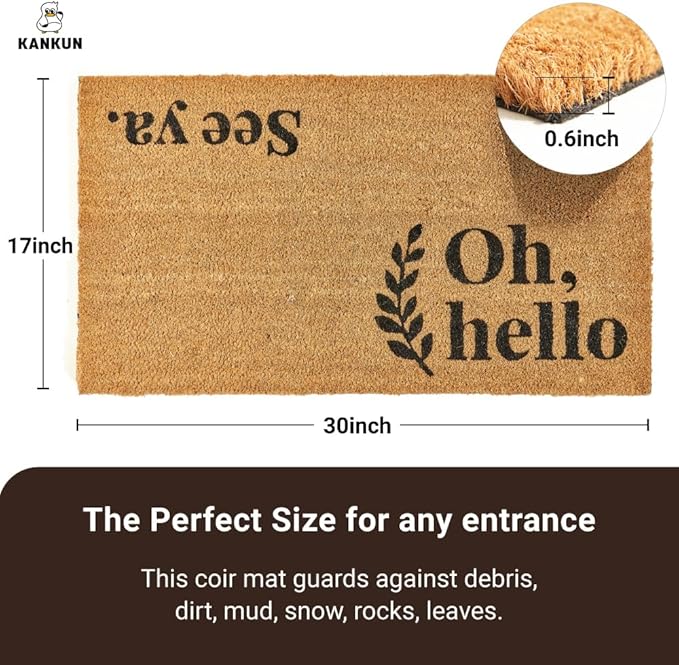 KANKUN Coco Coir Door Mat with Heavy Duty Backing, Welcome Doormat (17" x 30"), Doormat Entrance (Oh Hello)