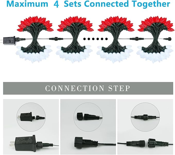 Extendable Red and White 50 LED Waterproof C9 LED Christmas Lights Indoor Outdoor Green Wire, Super Bright C9 Christmas String Lights for Tree, Patio, Easter, Porch, Home, Christmas Decorations