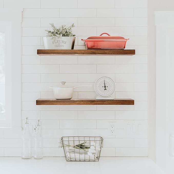 URBANDI, Rustic Floating Shelves, Set of 2, Hidden Bracket, Solid Wood, Heavy Duty, Wall Mounted Shelves, (Provincial, 24Wx12D)