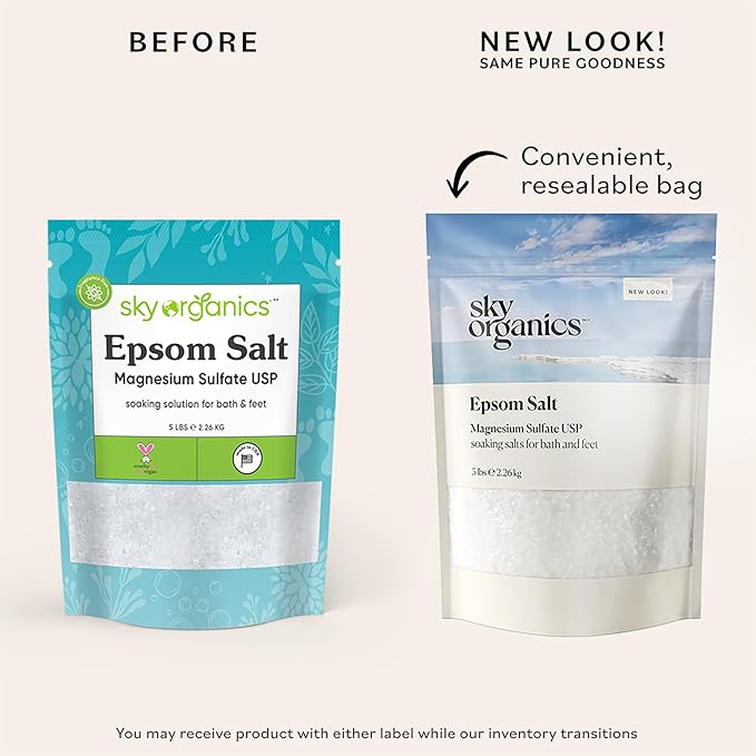 Sky Organics - Epsom Salt Bath Soak, 5 lbs - Magnesium Sulfate USP - 100% Pure, Medium Grain - Unscented - Soaking Bath Salts - Resealable Bag - Natural, Vegan & Cruelty Free - Self Care - Bath & Feet