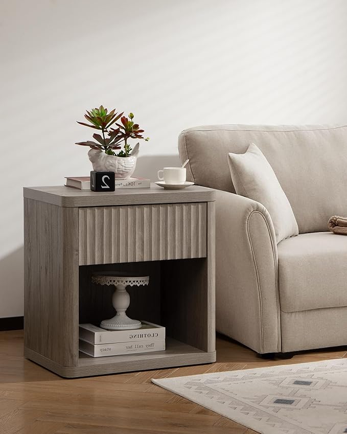 SICOTAS Night Stand Nightstand with Drawer Storage Fluted Bed Side Table End Table Large Modern Wide Bedside Stand Mid Century Night Stands for Bedroom Living Room Sofa Couch Home Office, Grey Alder