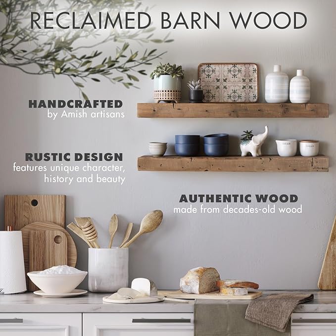Urban Legacy Reclaimed Barnwood Planks | Floating Shelves for Wall w/Flush Mount Shelf Bracket Set Included | Set of 2 (Natural, 18" x 7" x 2")