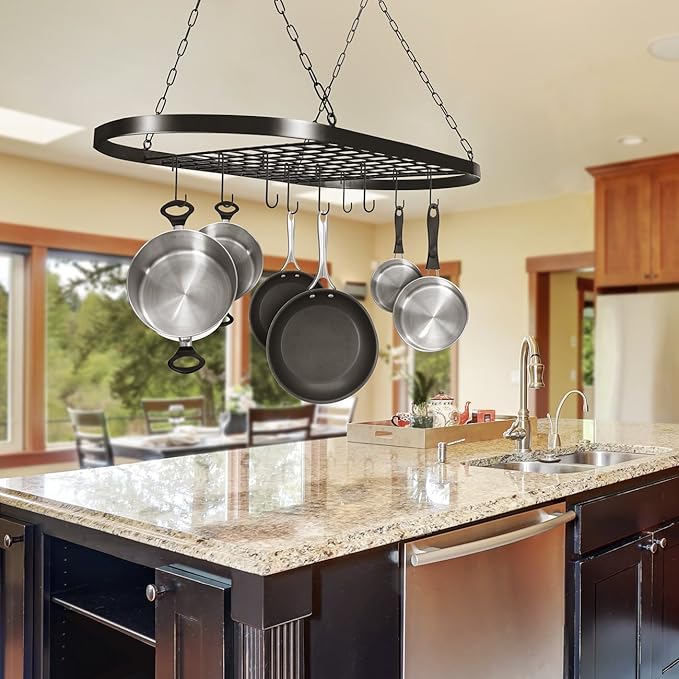 Sorbus® Pot and Pan Rack for Ceiling with Hooks — Decorative Oval Mounted Storage Rack — Multi-Purpose Organizer for Home, Restaurant, Kitchen Cookware, Utensils, Books, Household (Hanging Black)