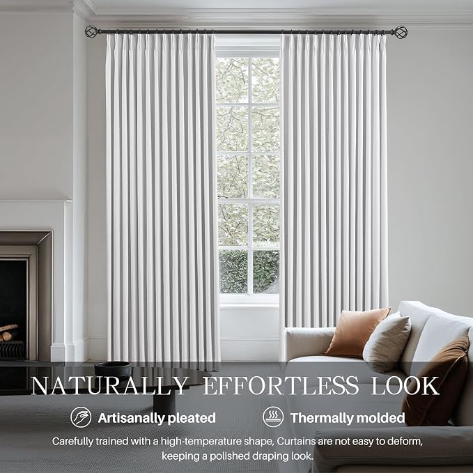 Pinch Pleated Linen White Blackout Curtains 108 Inches Long - Image 2