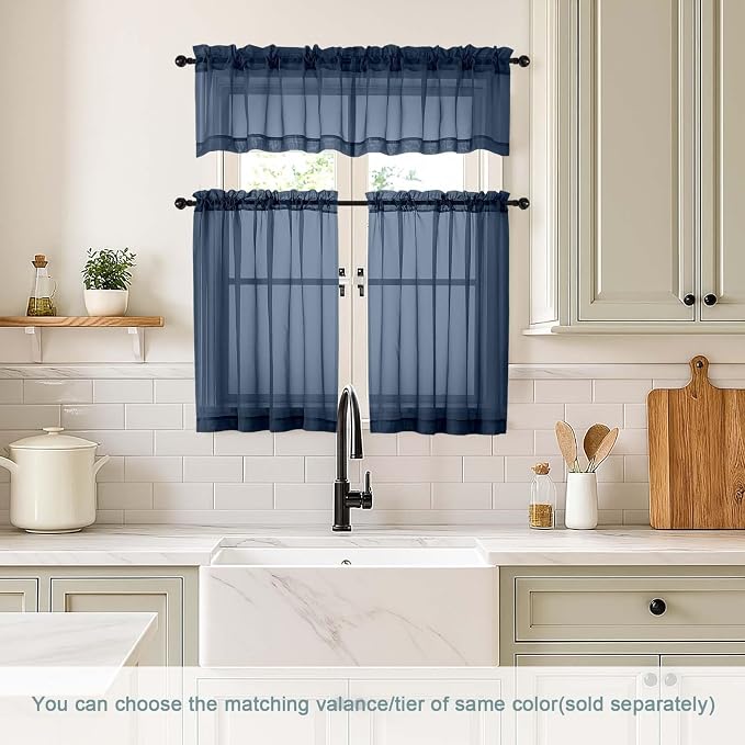 Navy Blue Valances for Windows 14 inch Length 2 Panels, Small Voile Sheer - Image 2