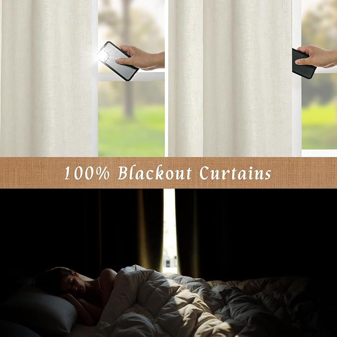 100% Blackout Natural Polyester Curtains, 63 Inches Linen Textured Thermal - Image 3