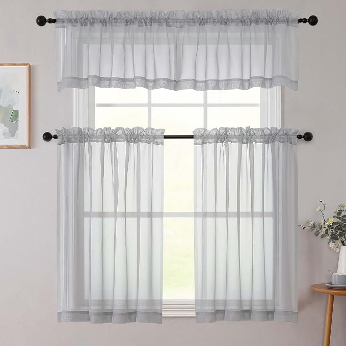 Light Grey Kitchen Curtains 30 Inch Length Tier 2 PCS, Solid Soft Half Curtains - Image 8