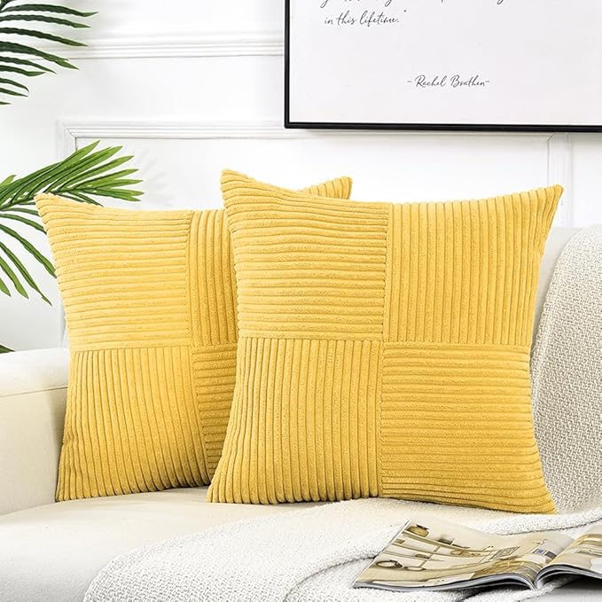 Fancy Homi 2 Packs Yellow Decorative Throw Pillow Covers 20x20 Inch for Living Room Couch Bed Sofa, Rustic Farmhouse Boho Home Decor, Soft Corss Corduroy Patchwork Accent Square Cushion Case 50x50 cm