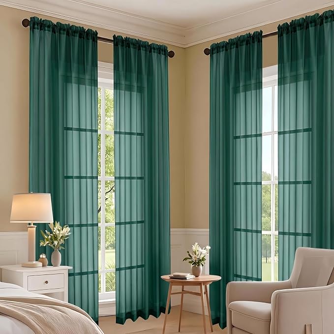 Hunter Green Sheer Curtains 84 Inches Long 2 Panels Set, Light Filtering Sheer - Image 7