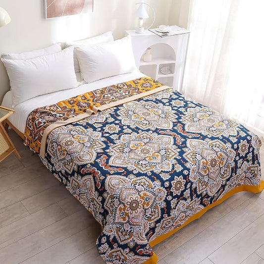 Boho Muslin Blanket for Adults 4-Layer Gauze Twin Size Soft Cozy 100% Cotton Summer Cooling Blanket Bohemian Decor for Sofa Bed Coverlet Both Sides (A Boho Spiral Flower, Twin 60 x 80 in)