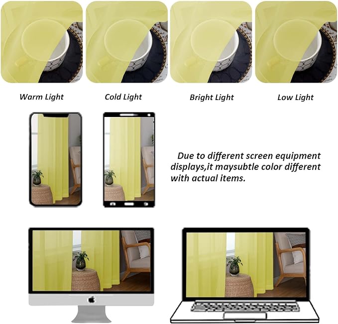 Chyhomenyc Sheer Lemon Curtains 90 inches Long 2 Panels, Light Filtering Soft - Image 8