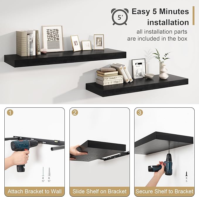 Heimlove 12" Deep Floating Shelves Black,Over Toilet Long Wall Mounted Modern Farmhouse 36 inches,Wall Shelves with Invisible Brackets for Bedroom, Bathroom, Living Room, Kitchen, Set of 1