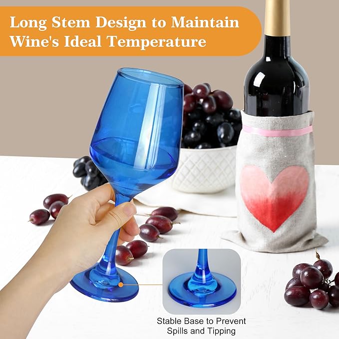 Blue Wine Glasses Set of 6-14oz Blue Long Stem Wine Glass, Pretty Crystal Glassware, Hand Blown Goblets Drinkware, Unique Stemware Wine Glass Holiday Gift Set