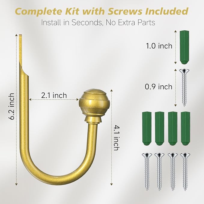 Hion Curtain Holdbacks Gold 2pcs, Curtain Tiebacks Wall Mounted Curtain Hooks - Image 2