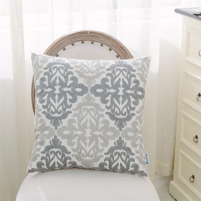 HWY 50 Gray Grey Decorative Throw Pillow Covers 18x18 Inch, Pack of 2 Embroidered Linen Farmhouse Cushion Cover Pillow Case for Sofa Couch Living Room Bed Bedroon, Accent Geometric