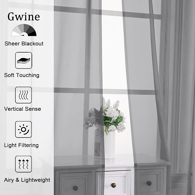 Gwine Charcoal Grey Sheer Curtains 72 Inches Long 2 Panels Set - Image 2