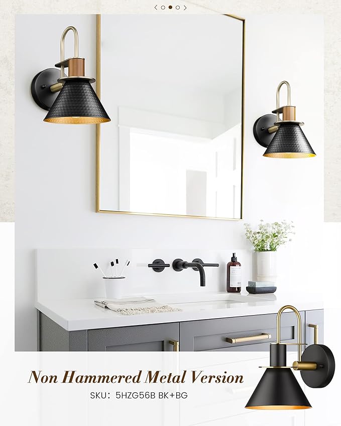 Modern Wall Sconces Set of Two, HWH Industrial Sconce Wall Lighting Indoor Wall Lamp, Gooseneck 1-Light Barn Vanity Light, Hammered Metal Shade, Black and Gold Finish, 5HZG74B-2 BK+BG