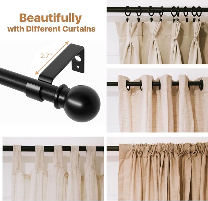 Black Curtain Rods for Windows 66 to 120, Adjustable Length, Heavy Duty Steel - Image 5