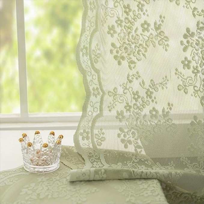 YJ YANJUN Vintage Lace Curtains 90 Inches Long-Victorian Floral Pattern Sage - Image 6