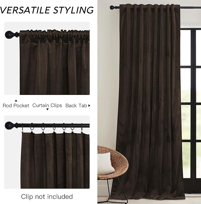 RYB HOME Brown Blackout Curtains 96 inches Long Velvet, Room Darkening Thermal - Image 3