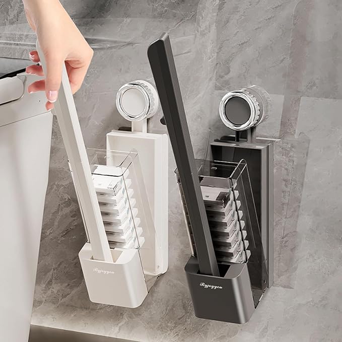 Disposable Toilet Brush with Replaceable Heads, Wall-Mounted Holder, Hygienic Bathroom Cleaning Tool (Dark Grey Toilet Brush + 8 Refills)