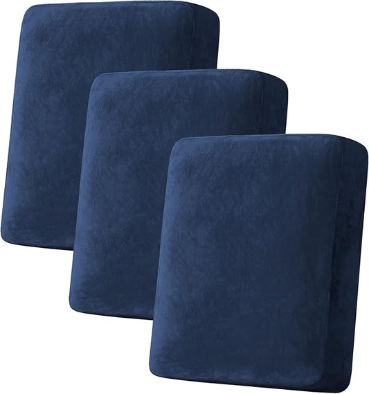H.VERSAILTEX Velvet Stretch Couch Cushion Cover Plush Cushion Slipcover for Chair Loveseat Sofa Cushion Furniture Protector Seat Cushion Sofa Cover (3 Piece Sofa Cushion Covers, Navy)