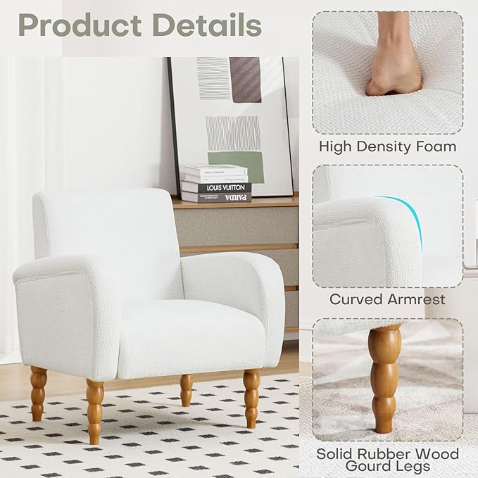 Chenille Fabric Accent Chair, Upholstered Armchair with Solid Wood Legs, Modern Living Room Accent Chair, Comfy Single Sofa Chair Reading Club Chair for Bedroom Reception Lounge, White