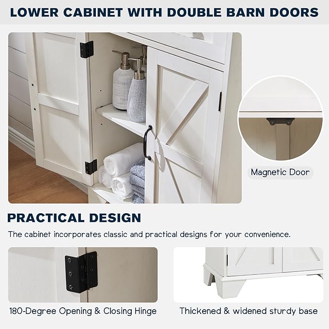 72" Tall Bathroom Storage Cabinet, Farmhouse Storage Cabinet with 2 Drawers, Adjustable Shelves & Barn Door, Cabinet for Bathroom, Living Room, Kitchen, Off White