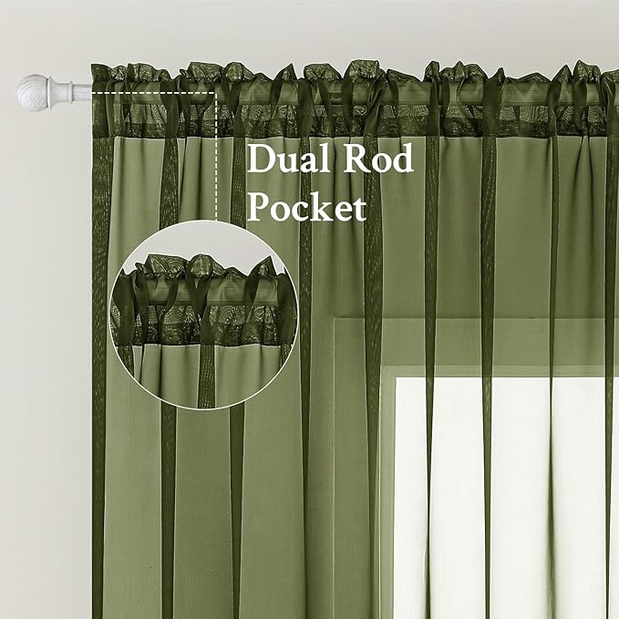 MIULEE Olive Green Sheer Curtains 54 X 72 Inches, 2 Panels | Solid Color - Image 2