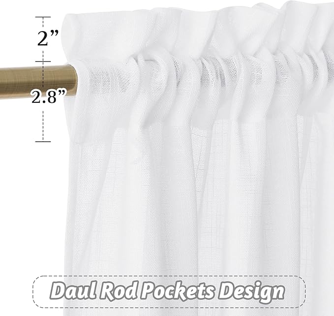 RYB HOME Linen Textured White Curtains Sheer Window Toppers Valances Semi-Sheer - Image 3