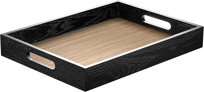 Wood Serving Tray with Handles, Home Decorative Wooden Rectangle Ottoman Decor Platter Vanity Tray for Breakfast Dinner Drinks Kitchen Dining Living Bathroom Restaurants Black Wooden