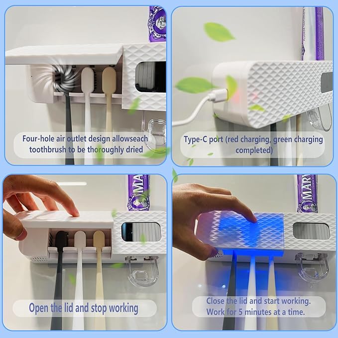 Smart Toothbrush Holder for Bathrooms, Toothbrush Cleaner Wall Mounted, Automatic Toothpaste Dispenser for Equipped with 3 Slots (White)